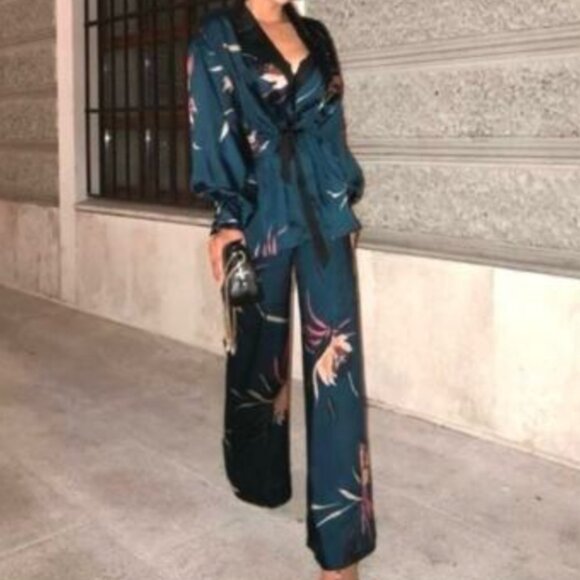 Zara Teal Green Topical Print Wide Leg Pants SIZE M - Picture 7 of 9